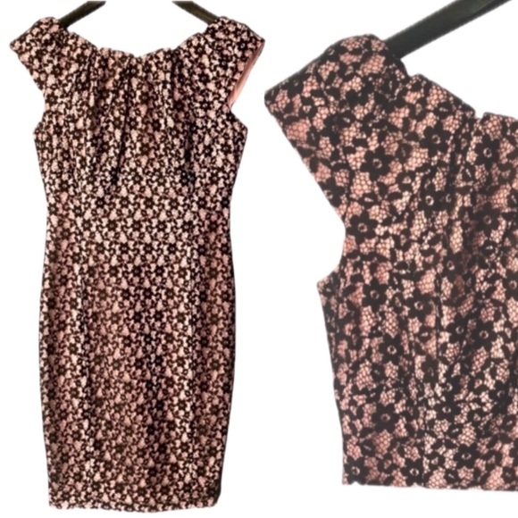 Sangria dress pink with black lace knee length cap sleeve size 10 - Picture 1 of 8